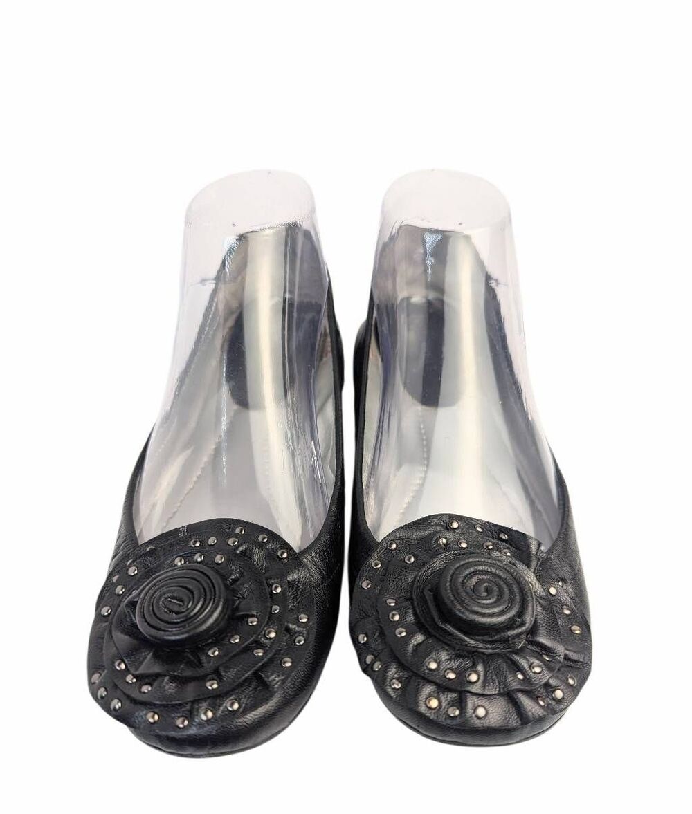 Nine West Black 3D flower studded leather ballet flats womens 7